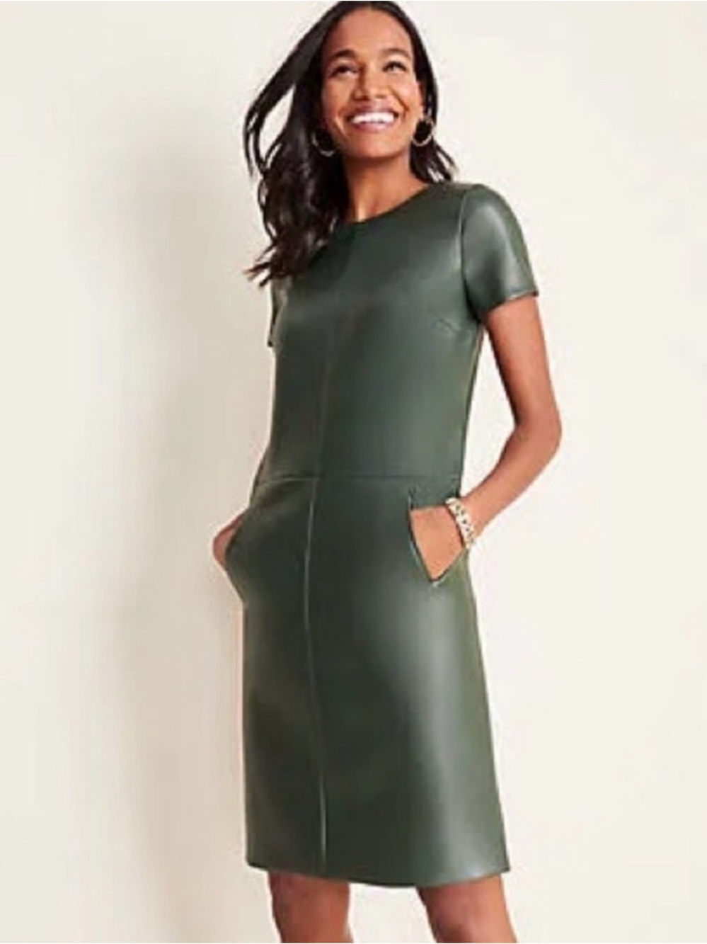 Short Sleeve Faux Leather Green Dress